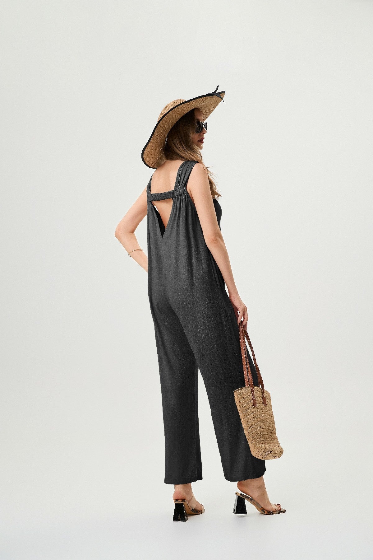 "Women's Linen Jumpsuit – Breathable H-Line with Elastic Back & Pockets"