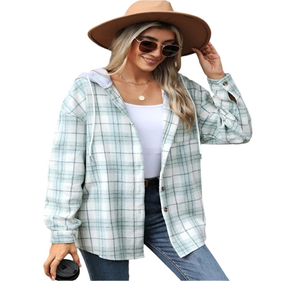 Plaid Hooded Wool Coat – Multi-Button Loose Fit