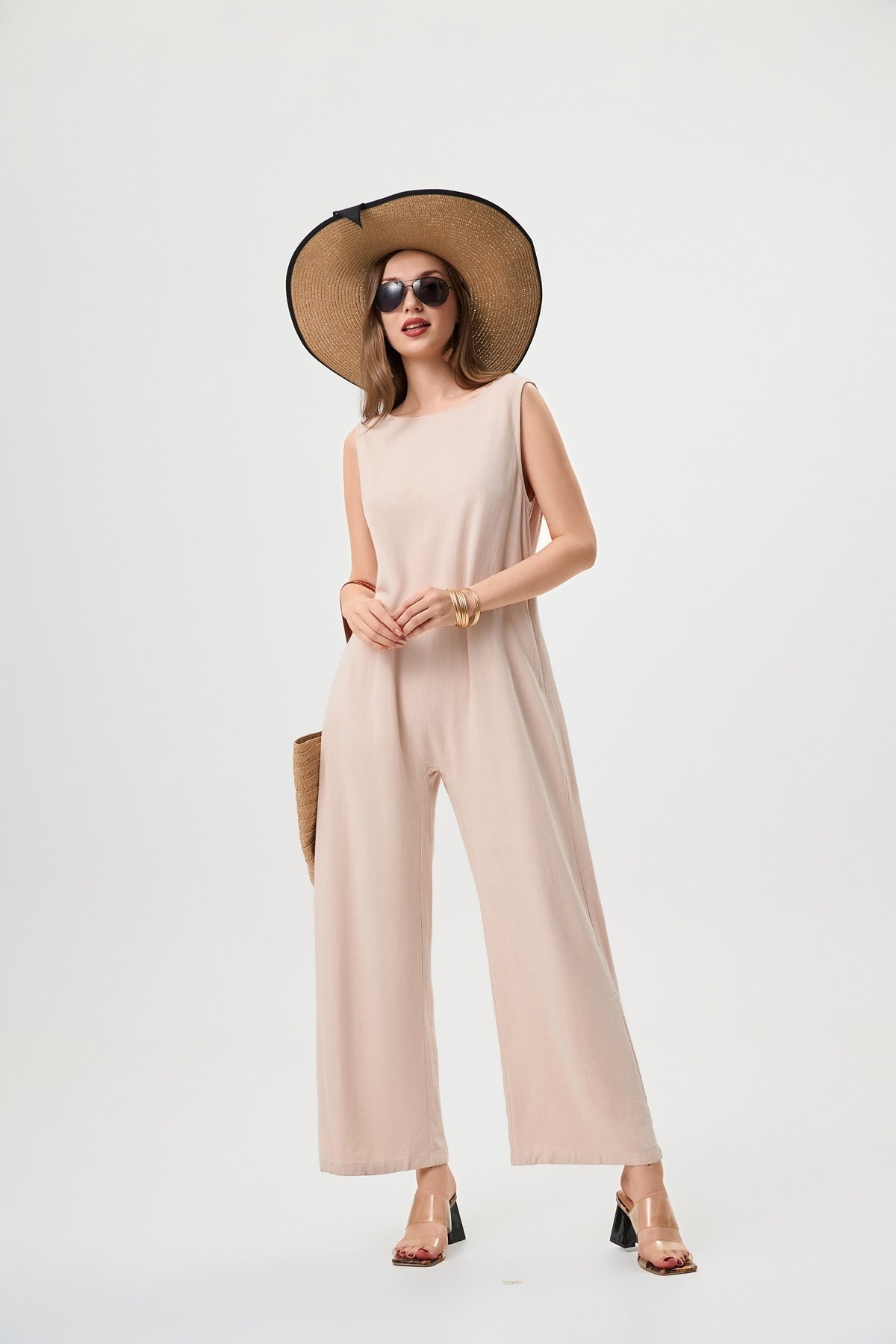 "Women's Linen Jumpsuit – Breathable H-Line with Elastic Back & Pockets"