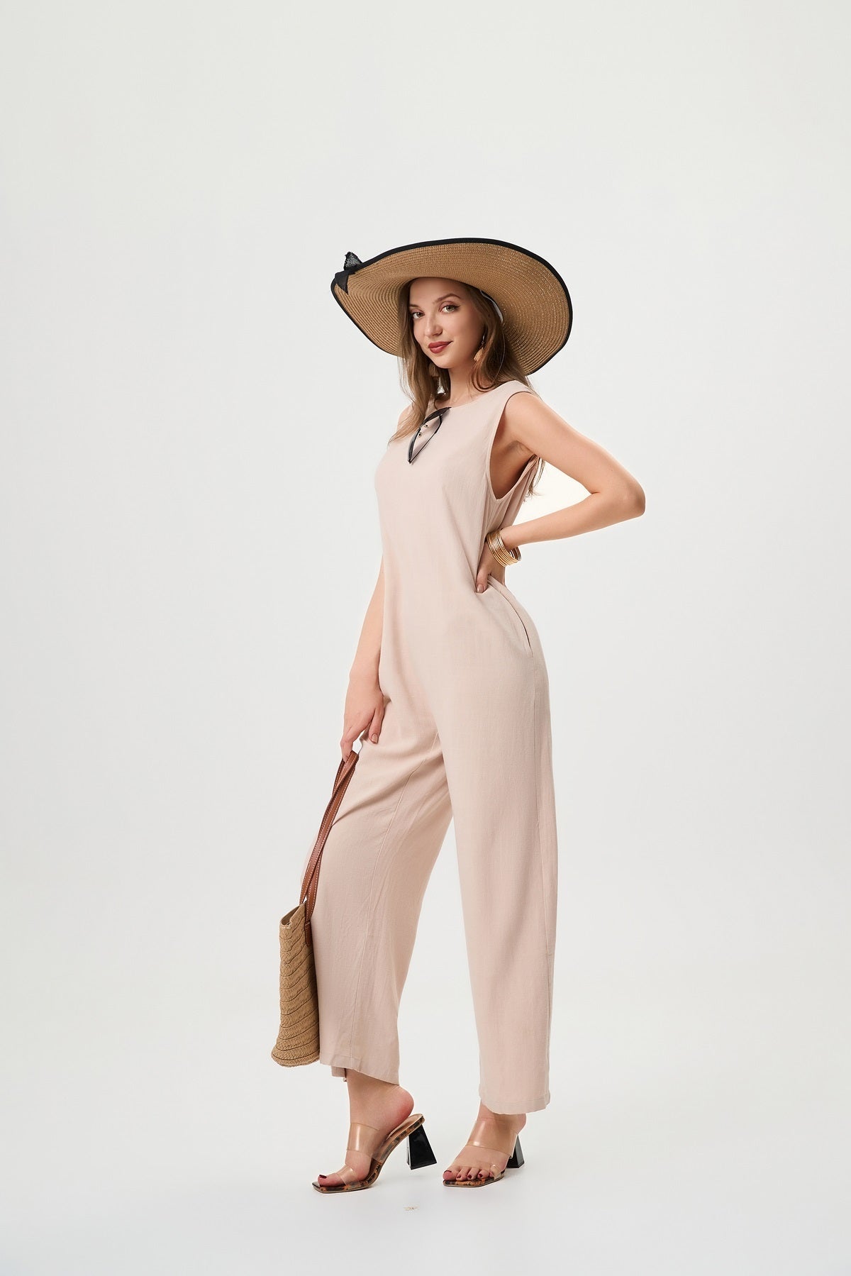 "Women's Linen Jumpsuit – Breathable H-Line with Elastic Back & Pockets"