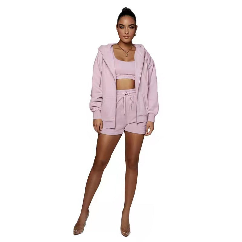 Casual Cardigan Hooded Shorts Women's Two-piece Suit