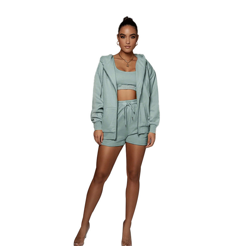 Casual Cardigan Hooded Shorts Women's Two-piece Suit