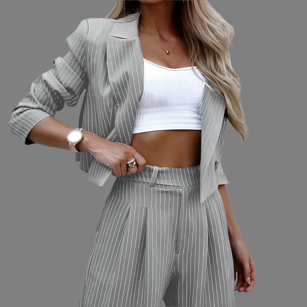 Striped Suit Set – Cropped Lapel Top & Straight-Leg Pants