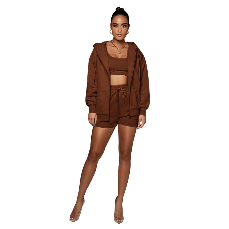 Casual Cardigan Hooded Shorts Women's Two-piece Suit