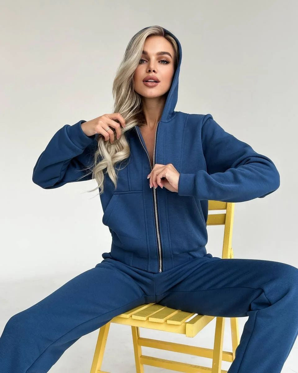 Fleece-lined Hooded Zipper Long-sleeve Sweater Set