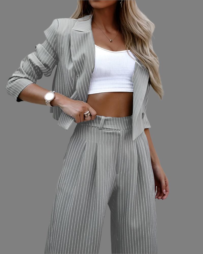 Striped Suit Set – Cropped Lapel Top & Straight-Leg Pants