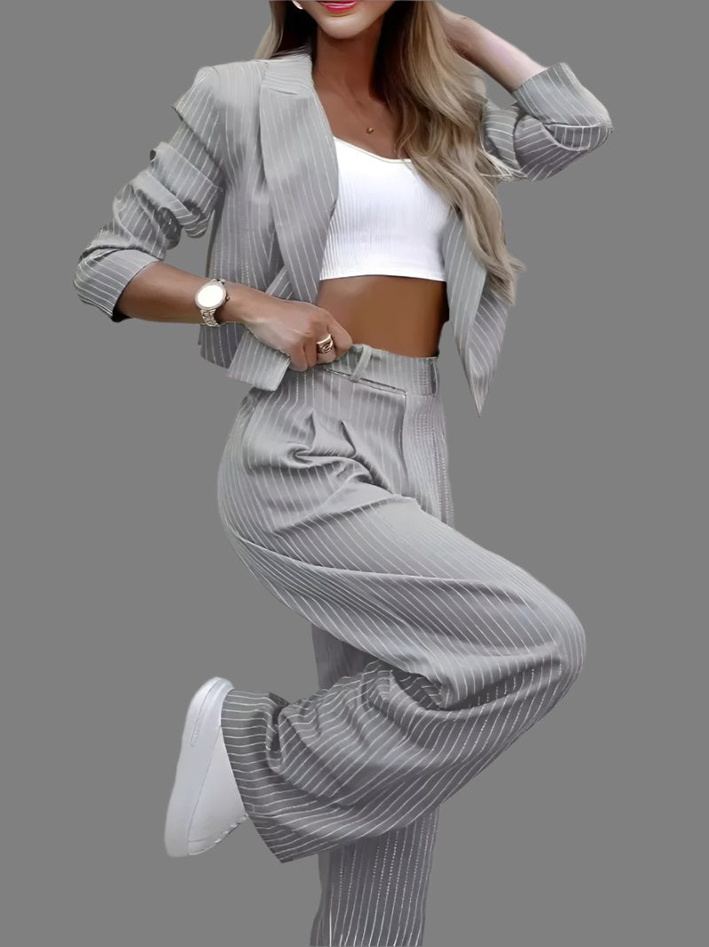 Striped Suit Set – Cropped Lapel Top & Straight-Leg Pants