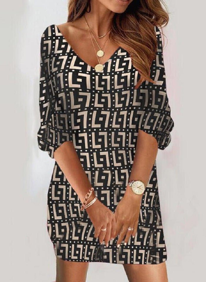 Casual Loose V-Neck Print Sleeve Dress