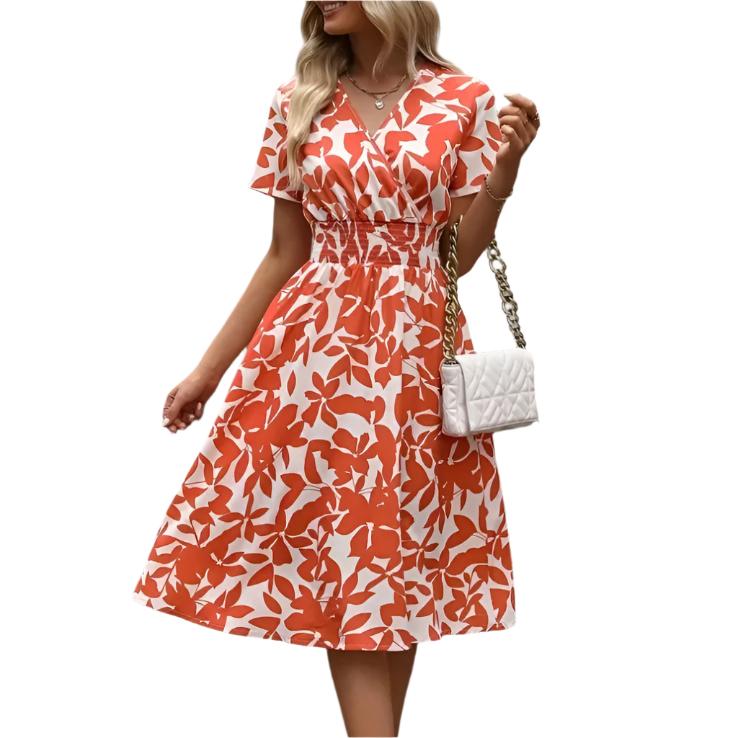 Women's V-neck Leaves Floral Print Swing Girdle Dress