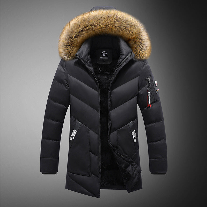 Men's Mid-Length Casual Hooded Plush Padded Jacket