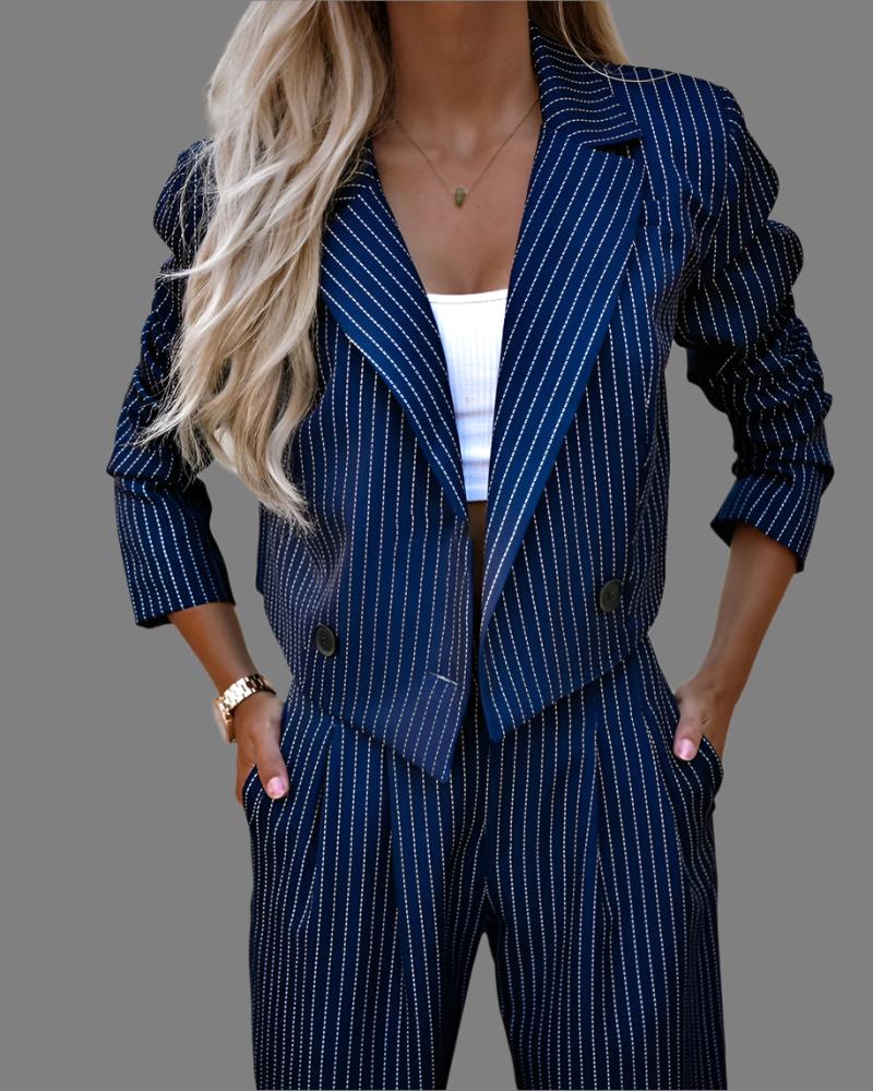 Striped Suit Set – Cropped Lapel Top & Straight-Leg Pants