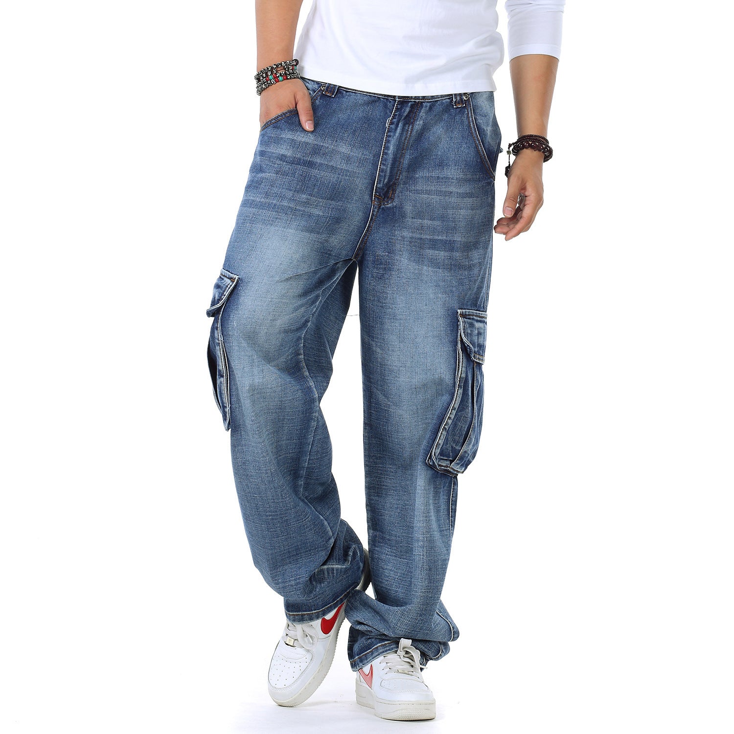 Large Fashion Multi-pocket Wide Jeans