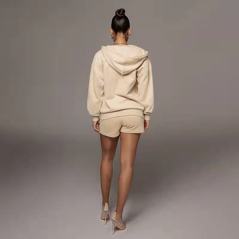 Casual Cardigan Hooded Shorts Women's Two-piece Suit