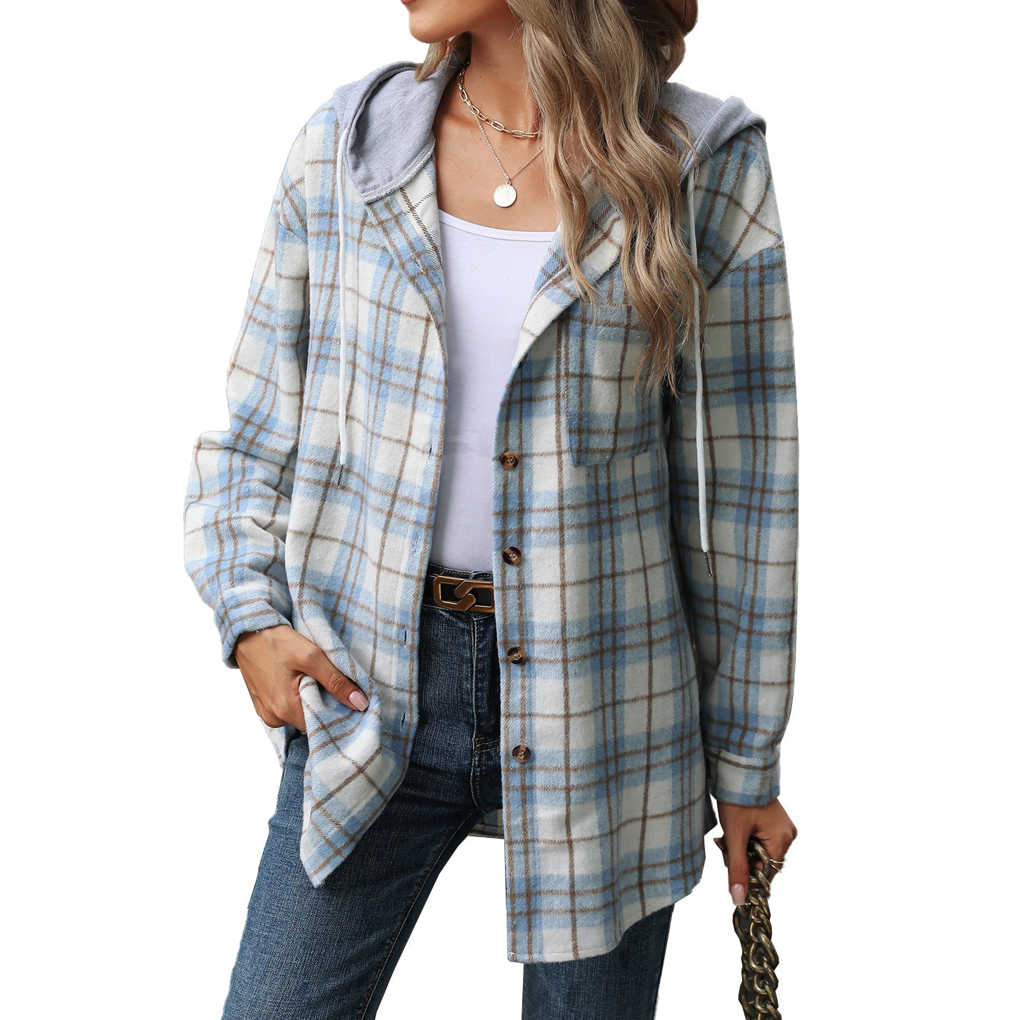 Plaid Hooded Wool Coat – Multi-Button Loose Fit