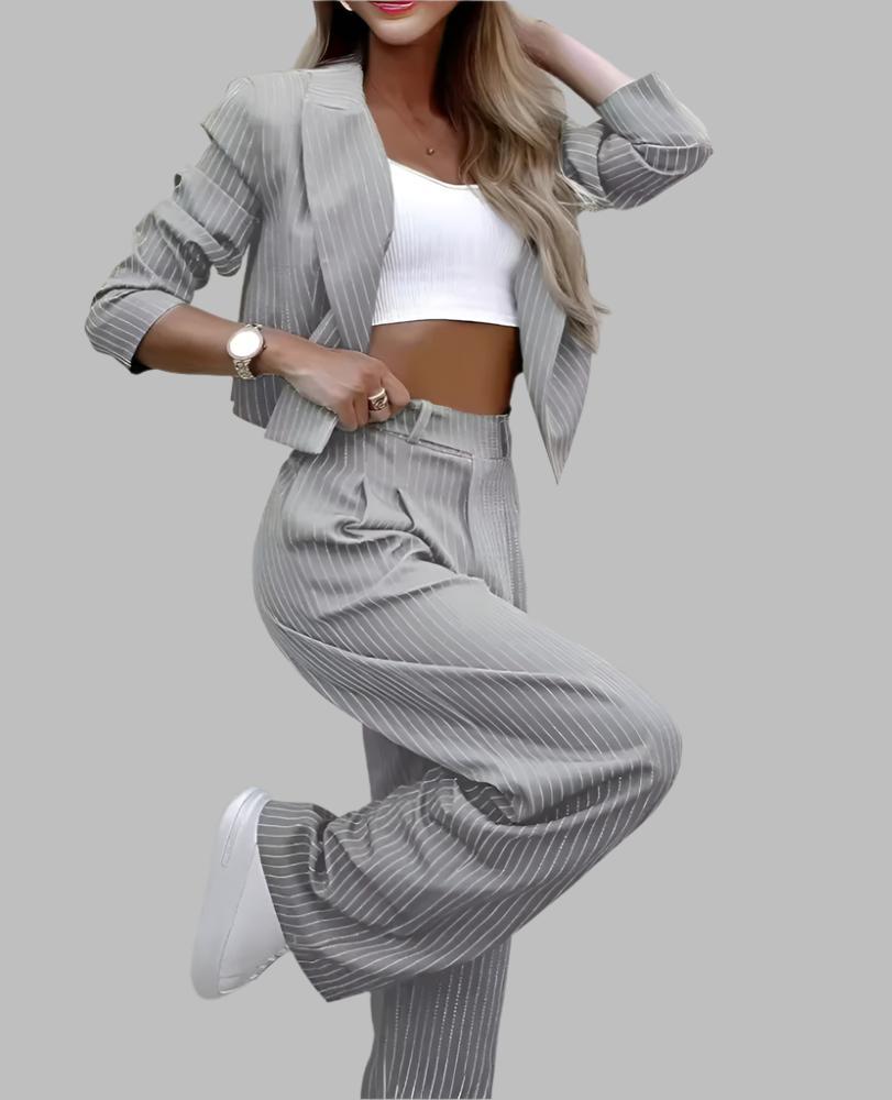 Striped Suit Set – Cropped Lapel Top & Straight-Leg Pants