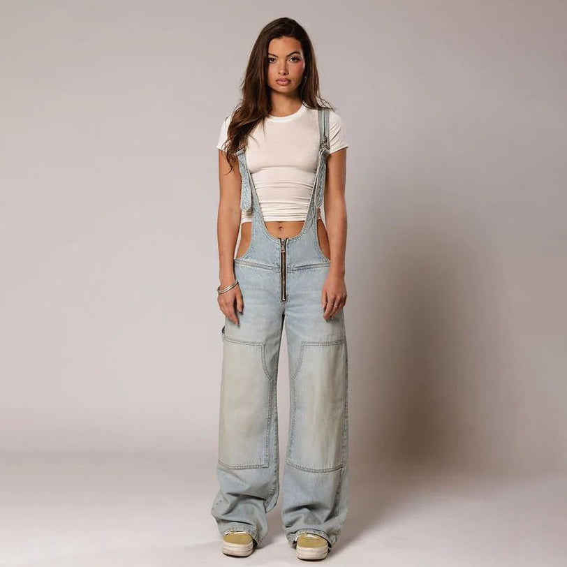 Women's Denim Zippered Streetwear Jumpsuit with Pockets