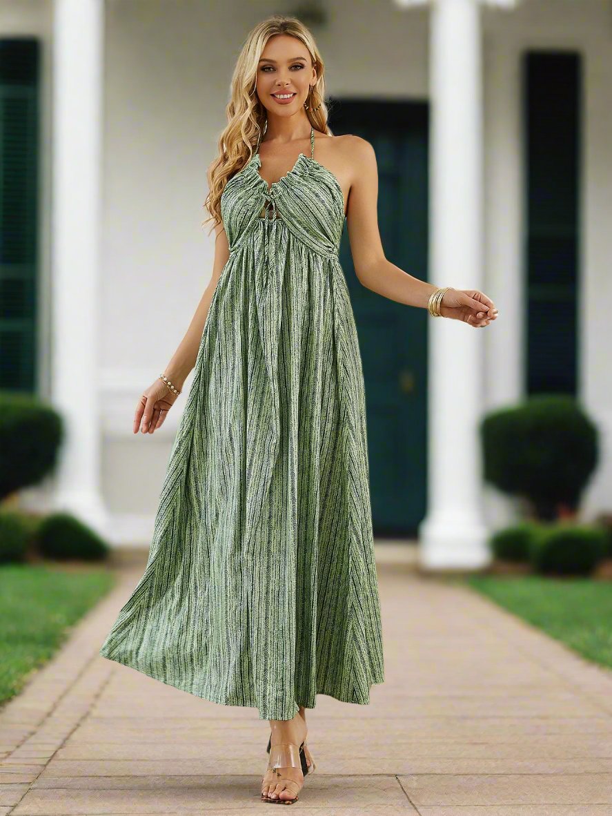 Boho Halter Maxi Dress – Flowy Sleeveless Summer Beachwear