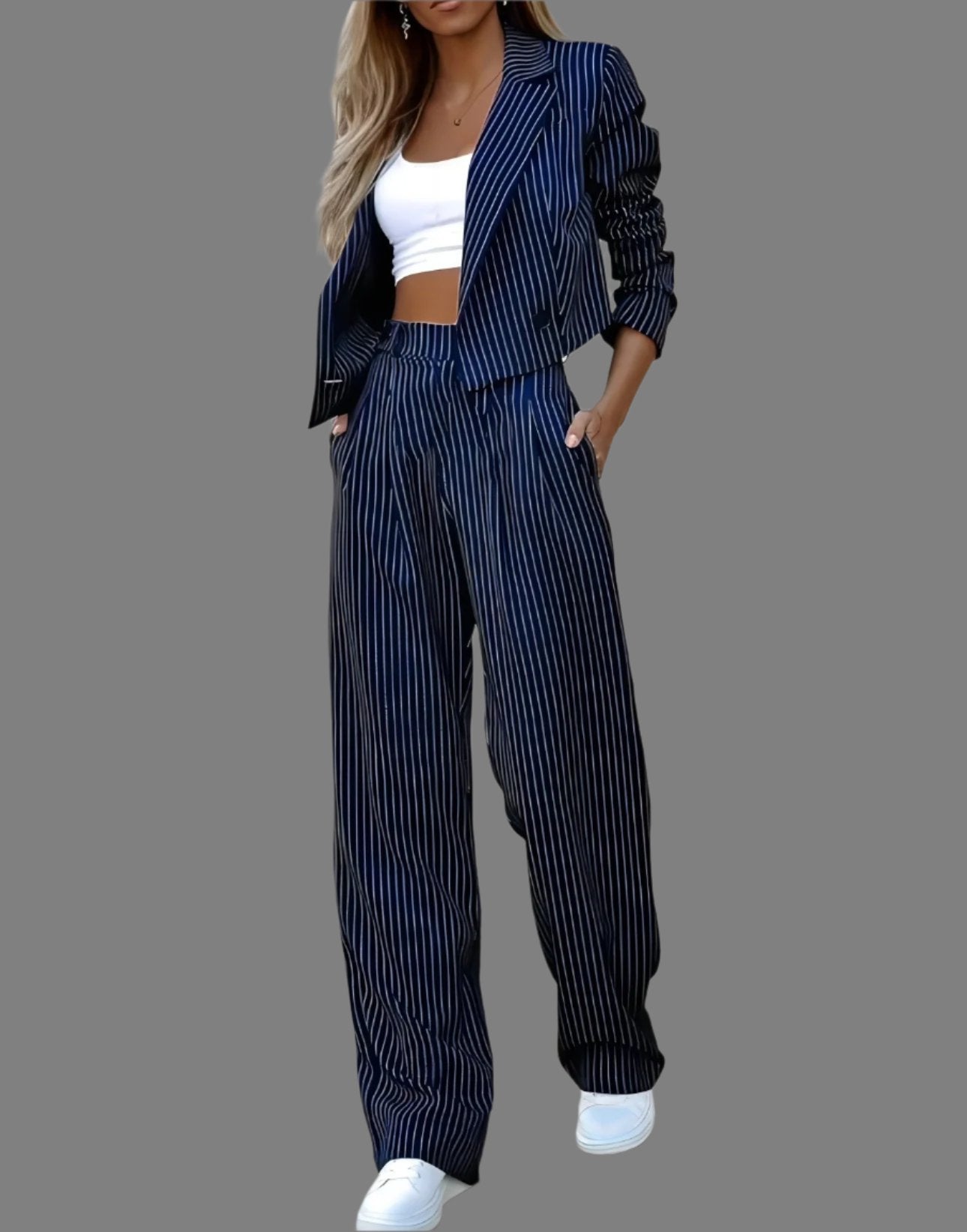 Striped Suit Set – Cropped Lapel Top & Straight-Leg Pants