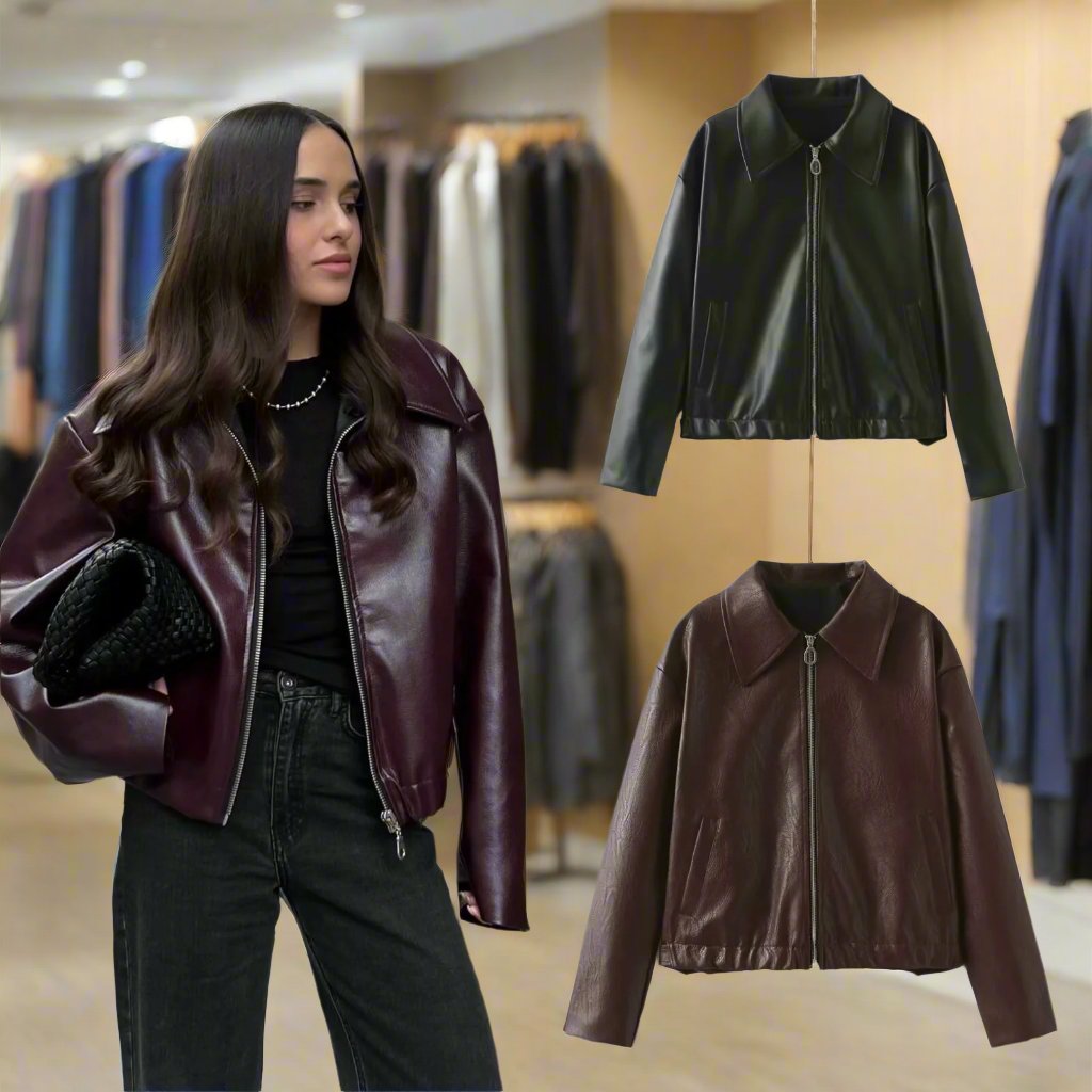 Long Sleeve Leather Lapel zipper jacket/Coat