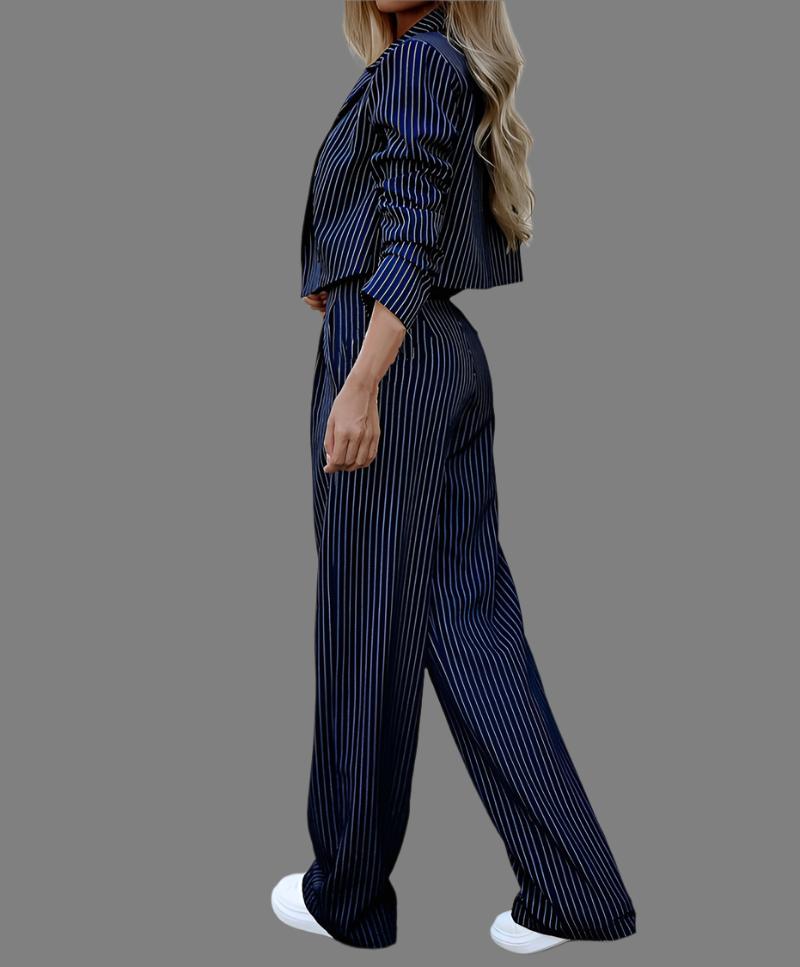 Striped Suit Set – Cropped Lapel Top & Straight-Leg Pants