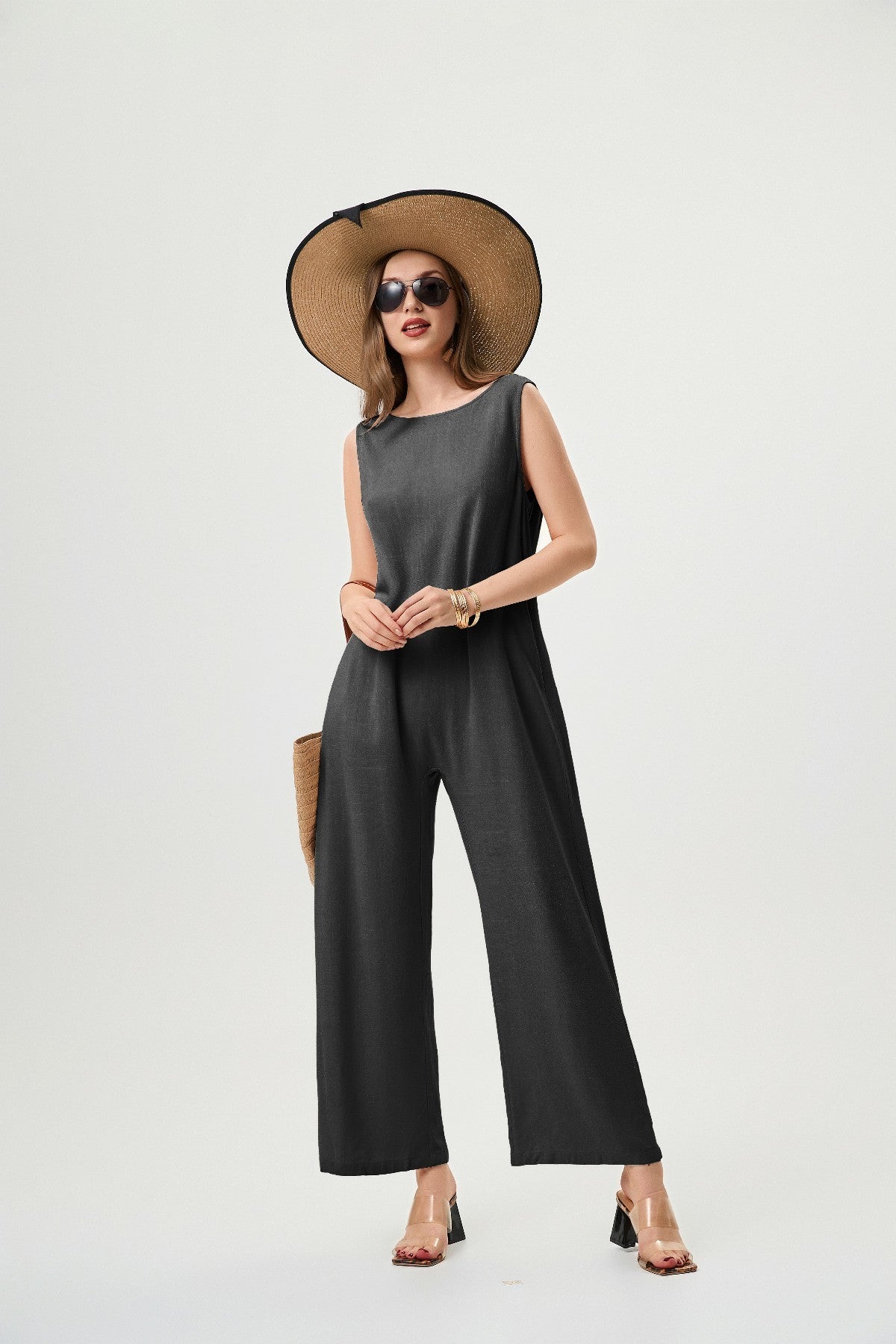 "Women's Linen Jumpsuit – Breathable H-Line with Elastic Back & Pockets"