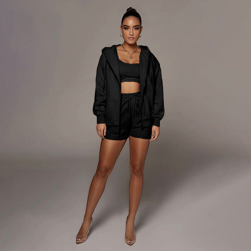 Casual Cardigan Hooded Shorts Women's Two-piece Suit