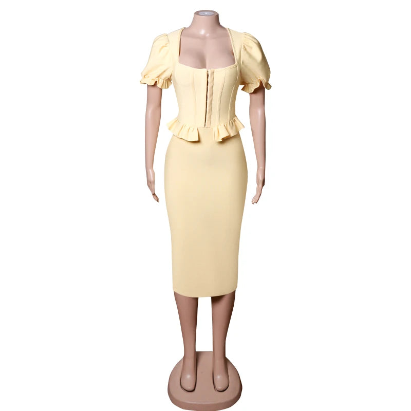 "Women's Yellow Midi Bodycon Dress – Short Sleeve Zipper Party Outfit"