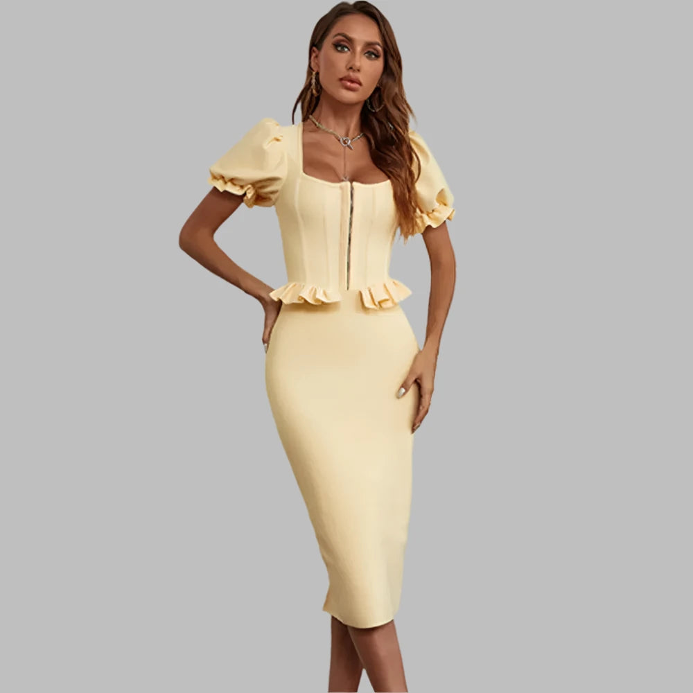 "Women's Yellow Midi Bodycon Dress – Short Sleeve Zipper Party Outfit"