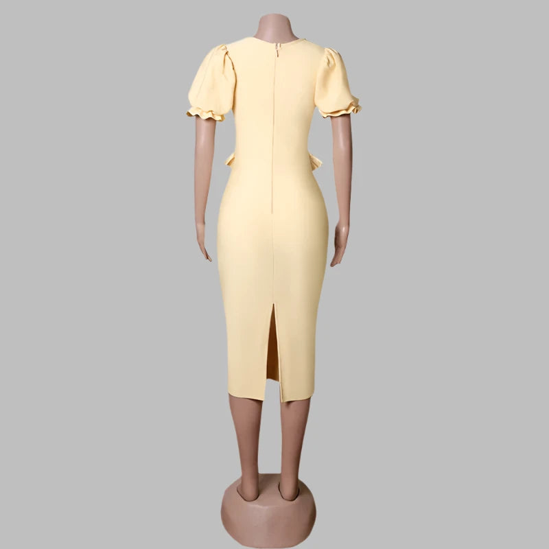 "Women's Yellow Midi Bodycon Dress – Short Sleeve Zipper Party Outfit"