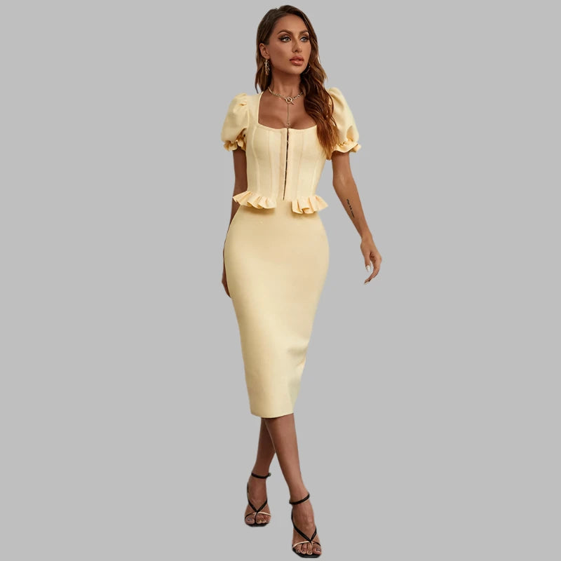 "Women's Yellow Midi Bodycon Dress – Short Sleeve Zipper Party Outfit"