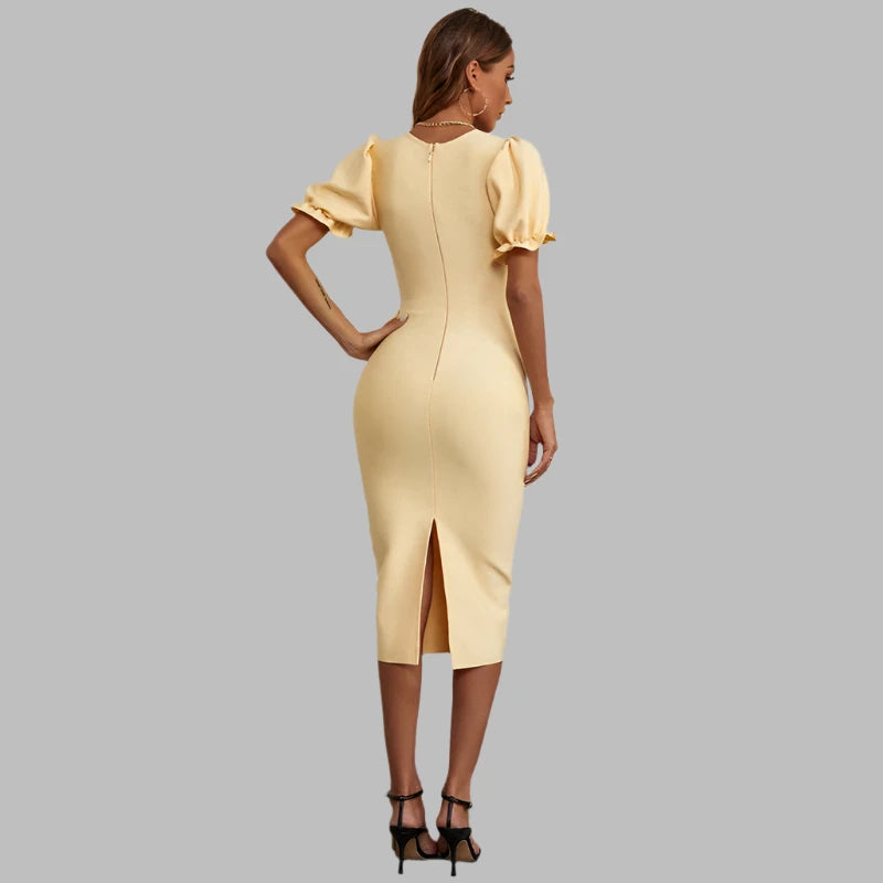 "Women's Yellow Midi Bodycon Dress – Short Sleeve Zipper Party Outfit"