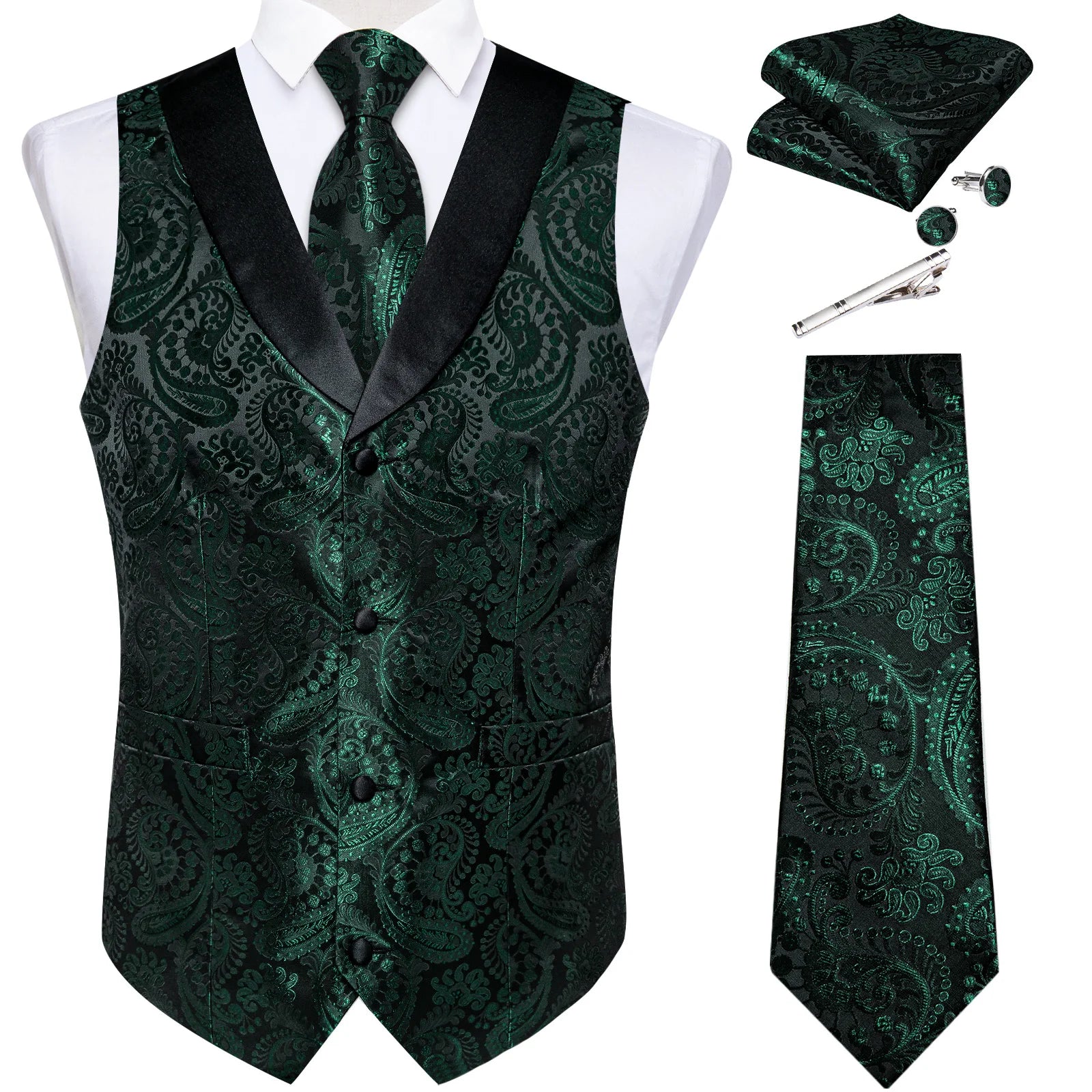 Men's Luxury Gray Paisley Suit Vest Set – Includes Necktie, Cufflinks & Handkerchief