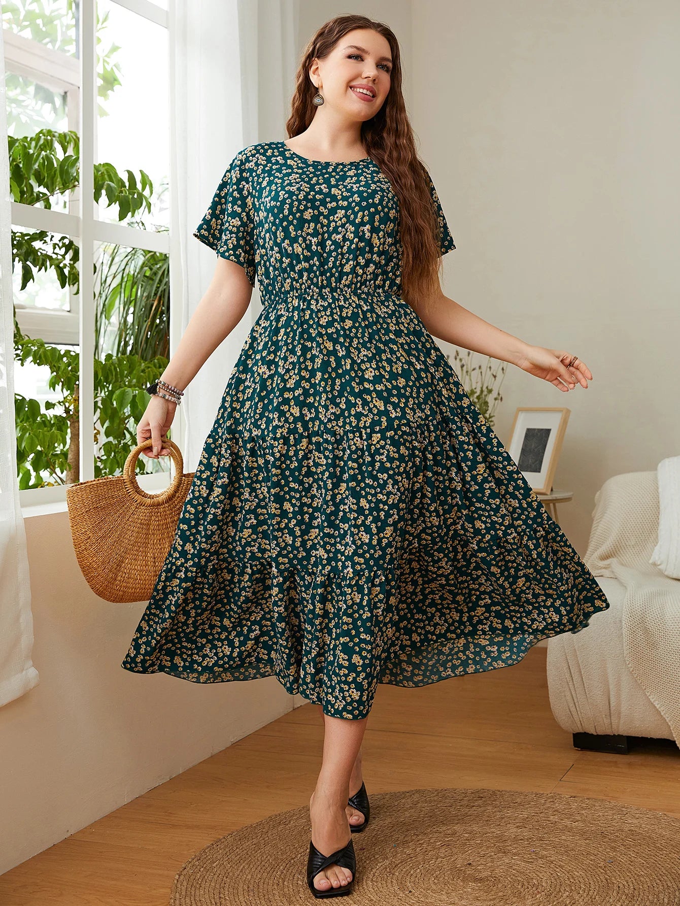 Trendy Big Size Women's Clothing Dress Summer O-Neck Floral Print