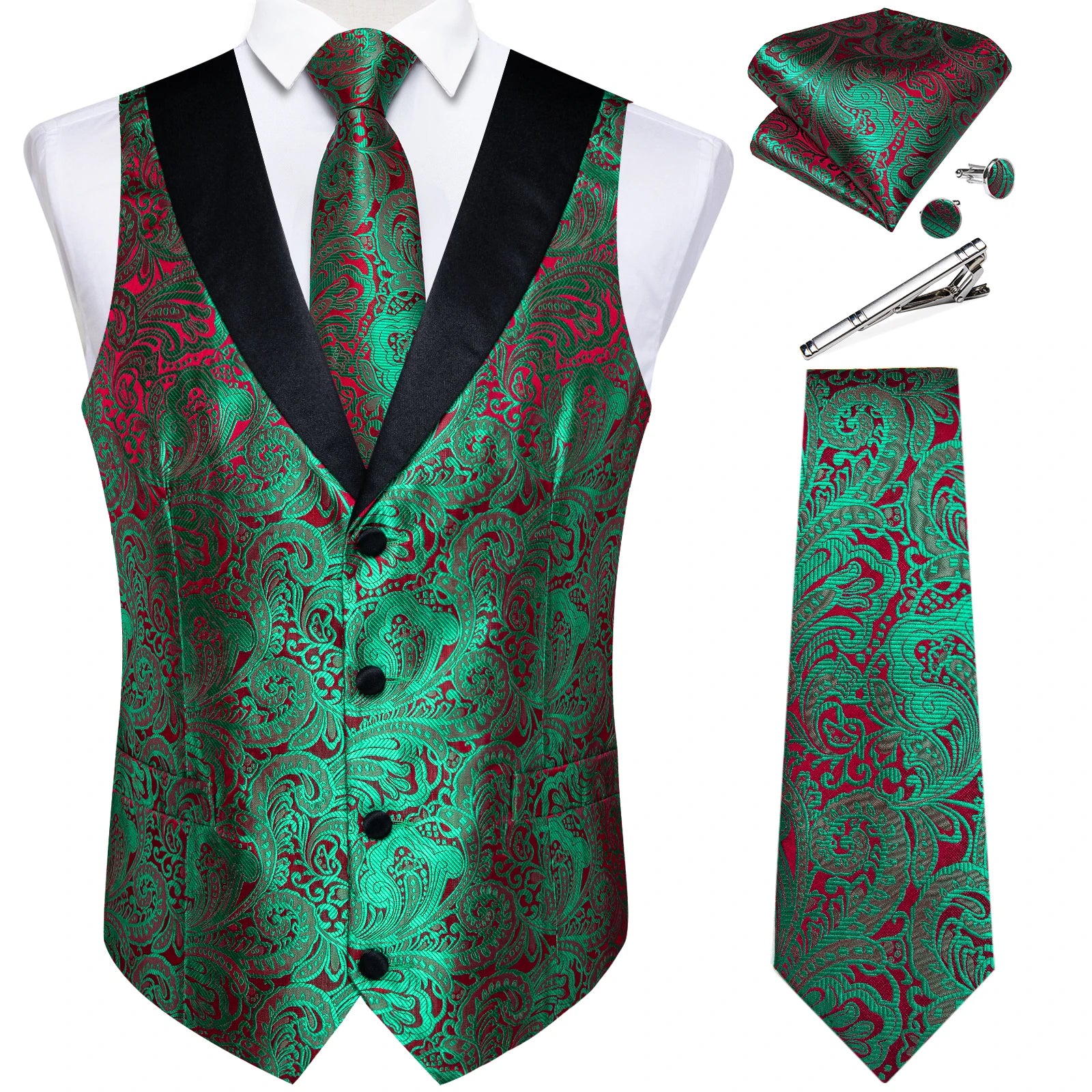 Men's Luxury Gray Paisley Suit Vest Set – Includes Necktie, Cufflinks & Handkerchief