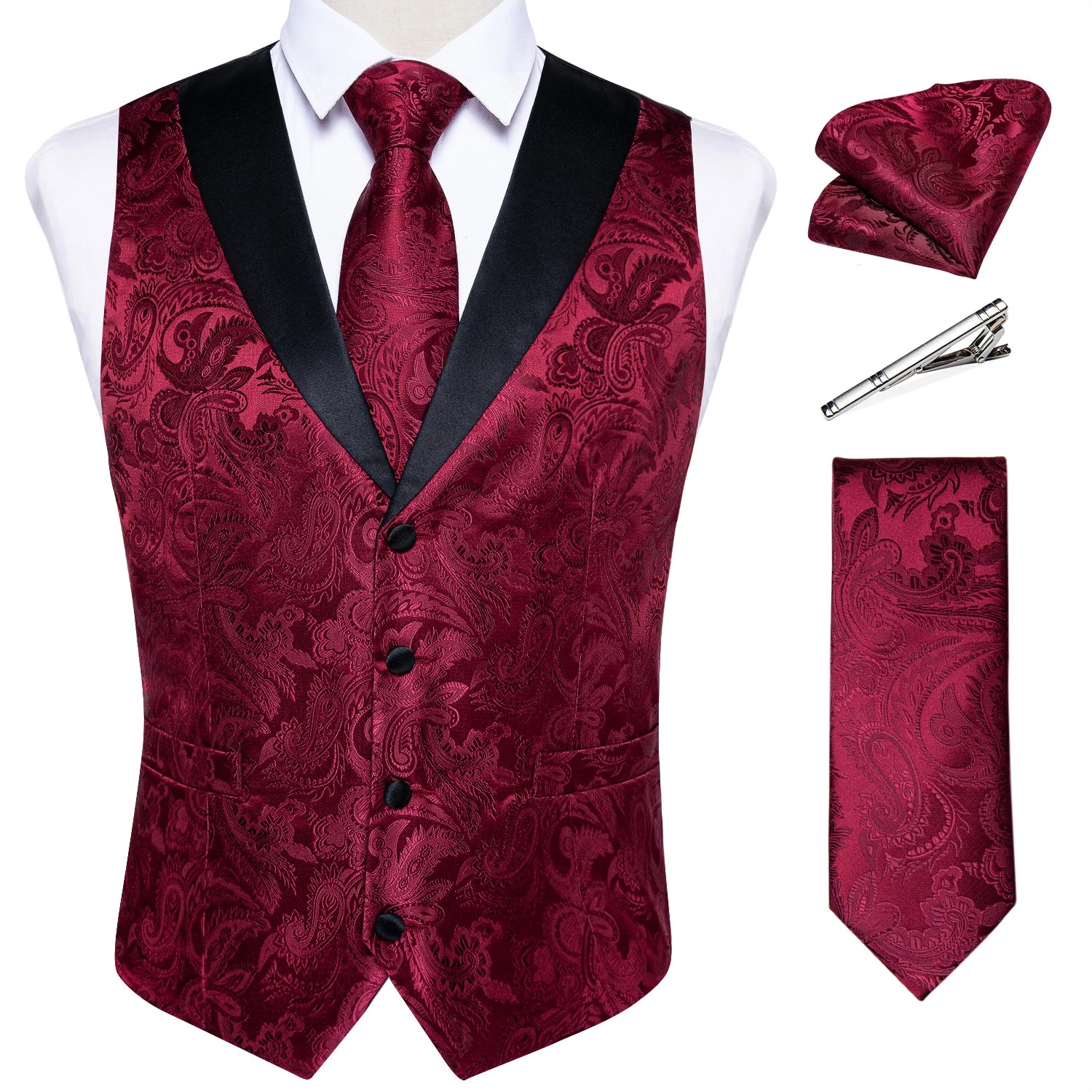 Men's Luxury Gray Paisley Suit Vest Set – Includes Necktie, Cufflinks & Handkerchief