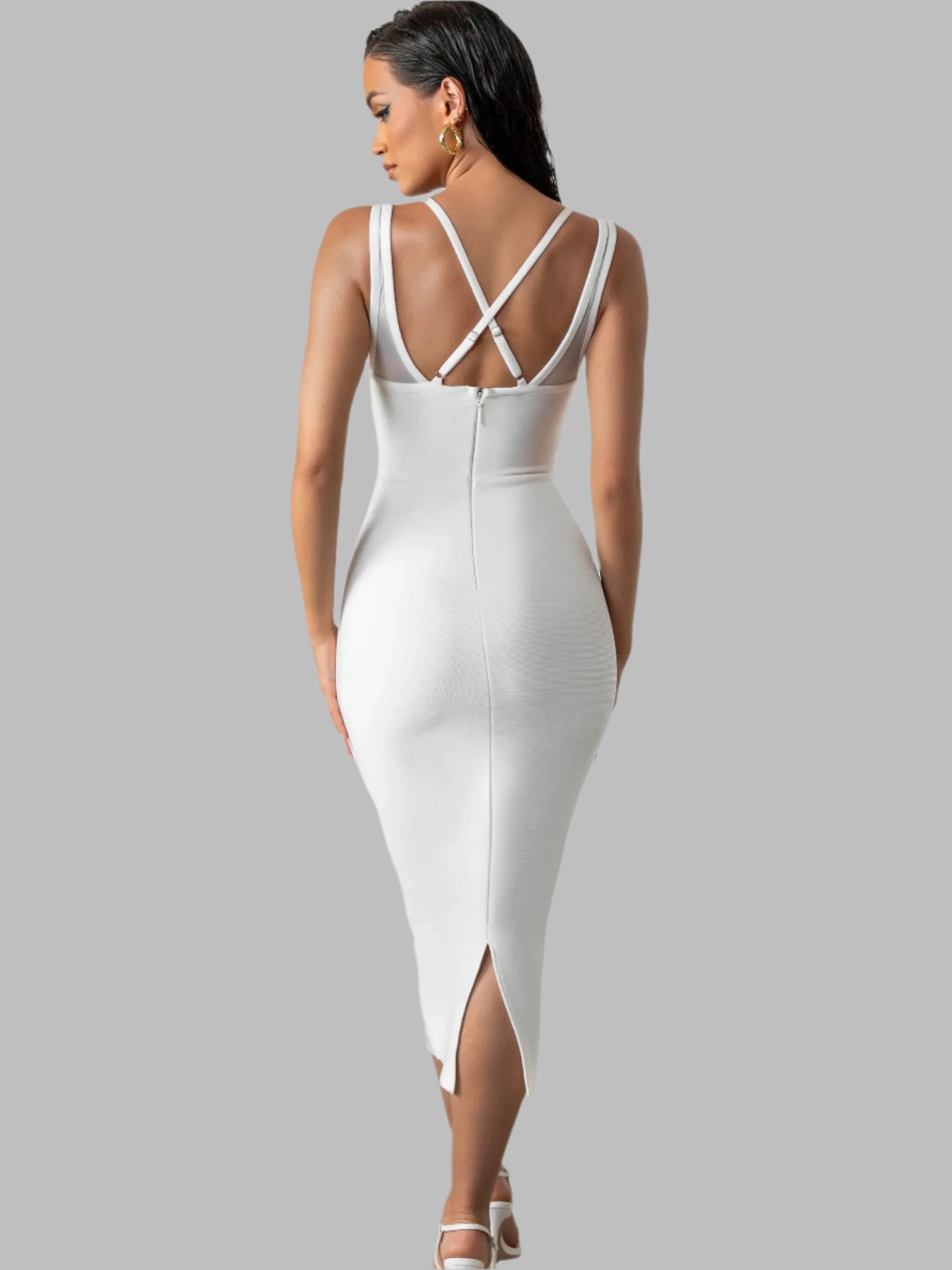 White Midi Bandage Dress - Double Straps Criss Cross Elegant Dress