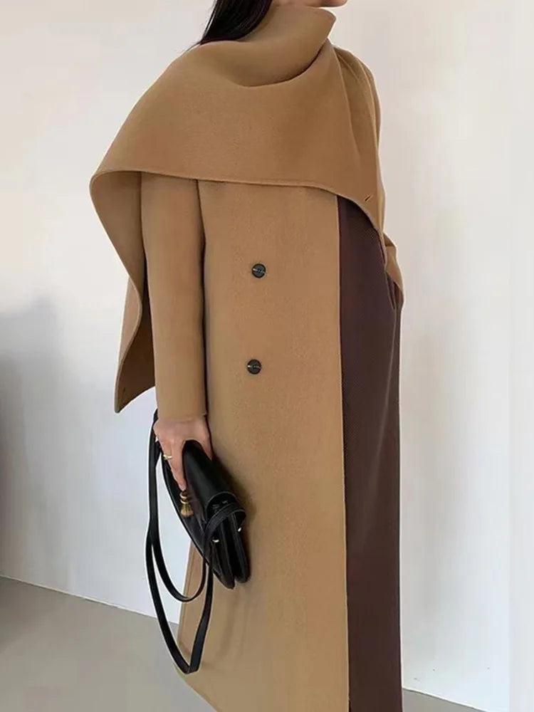 Double-Breasted Wool Coat - Women's Extended Shawl Scarf Collar