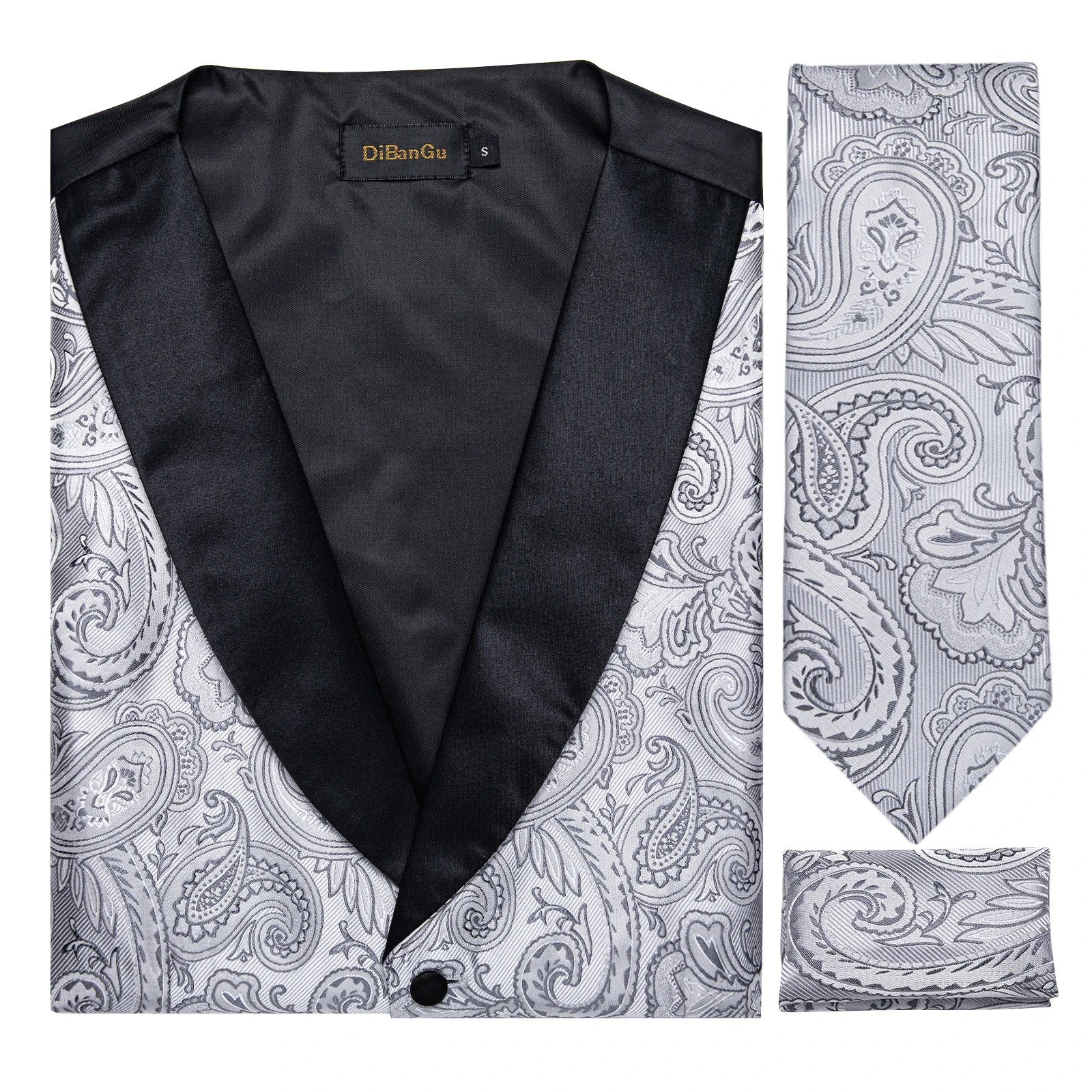 Men's Luxury Gray Paisley Suit Vest Set – Includes Necktie, Cufflinks & Handkerchief