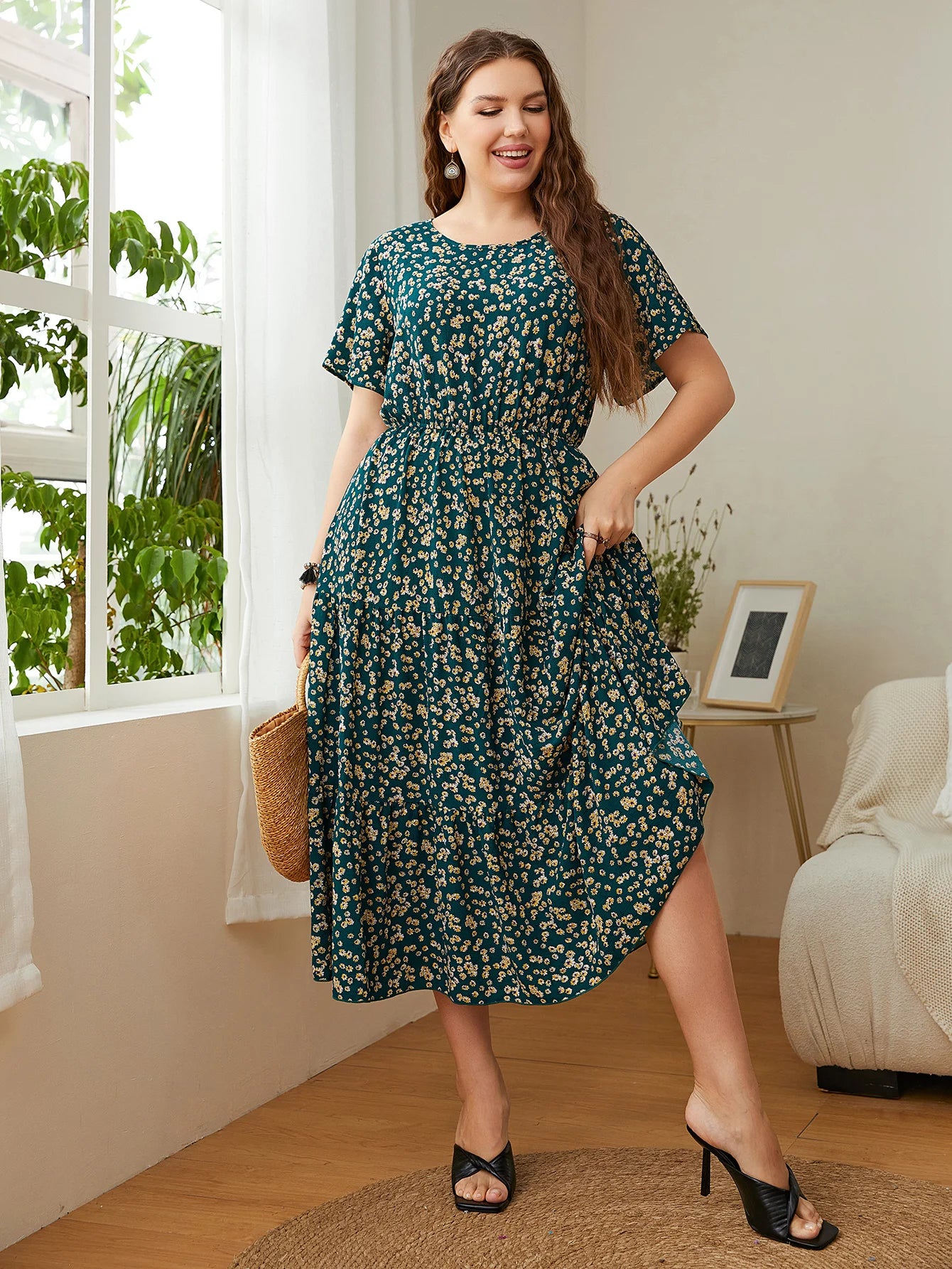 Trendy Big Size Women's Clothing Dress Summer O-Neck Floral Print