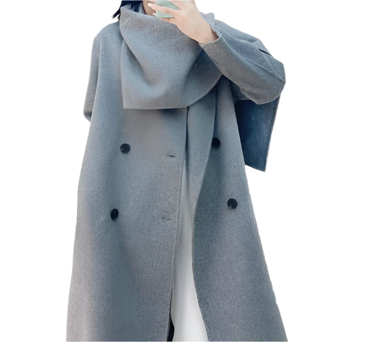 Double-Breasted Wool Coat - Women's Extended Shawl Scarf Collar