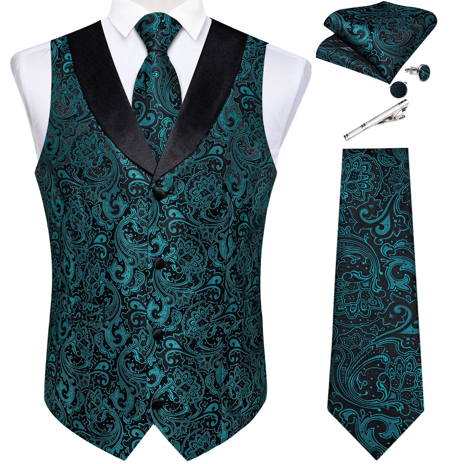 Men's Luxury Gray Paisley Suit Vest Set – Includes Necktie, Cufflinks & Handkerchief