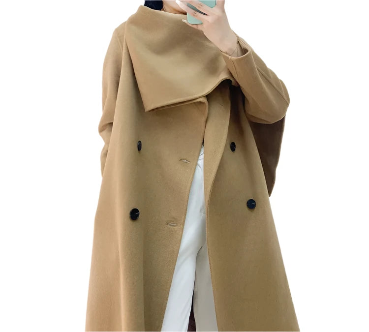 Double-Breasted Wool Coat - Women's Extended Shawl Scarf Collar