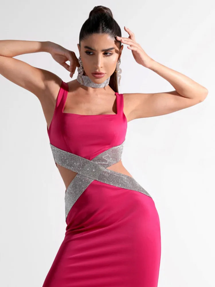 Sexy Backless V Neck Cutout Diamonds Black Hot Pink Midi Bandage party Dress