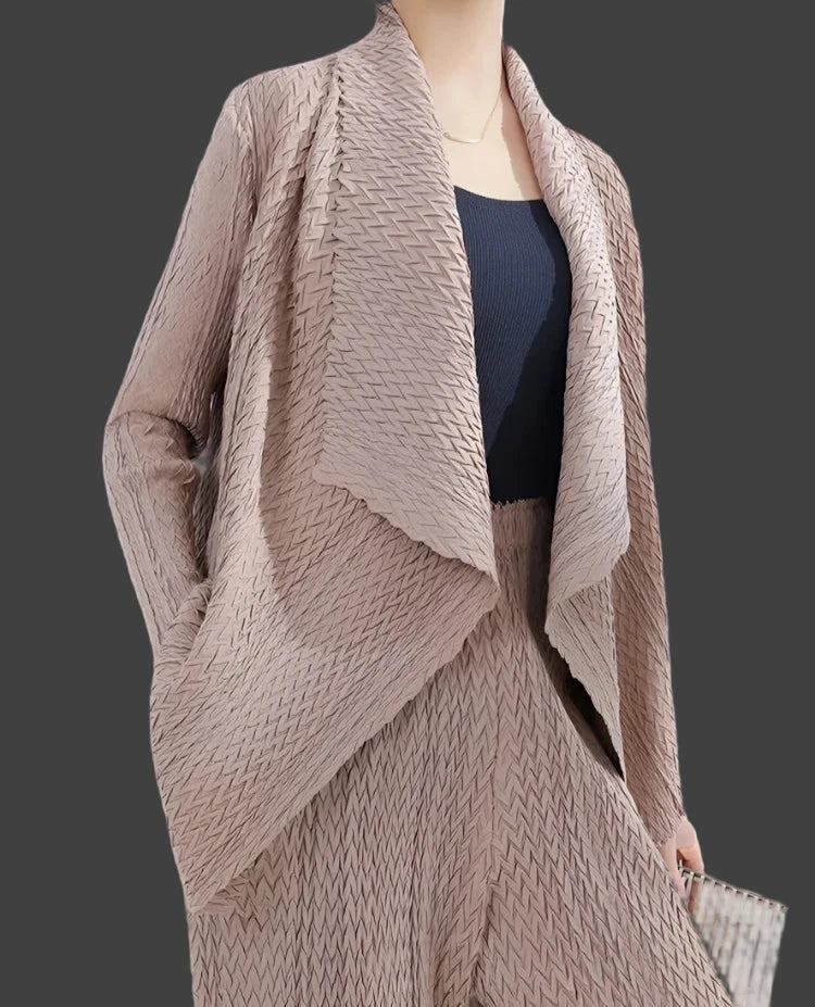 Pleated Lapel Jacket – Irregular Hem Full Sleeve Women's Coat