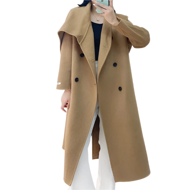 Double-Breasted Wool Coat - Women's Extended Shawl Scarf Collar