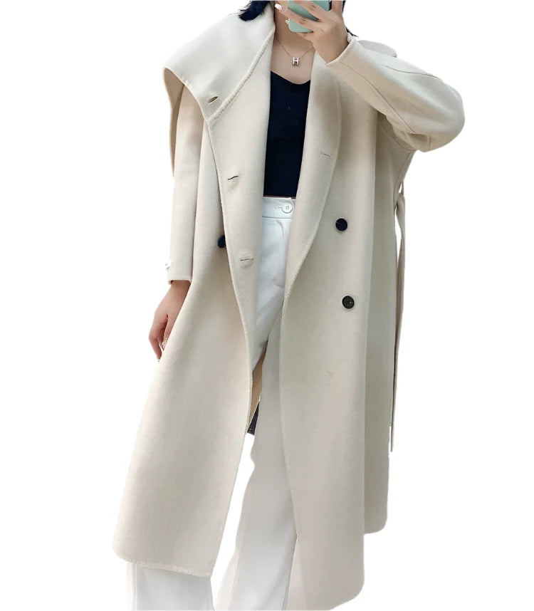 Double-Breasted Wool Coat - Women's Extended Shawl Scarf Collar