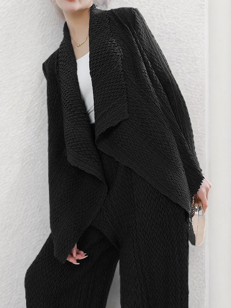 Pleated Lapel Jacket – Irregular Hem Full Sleeve Women's Coat