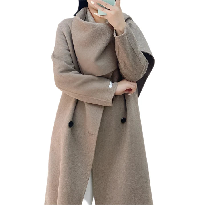 Double-Breasted Wool Coat - Women's Extended Shawl Scarf Collar