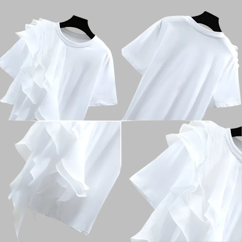 Korean Ruffle Patchwork T-Shirt - Women’s Casual Summer Top