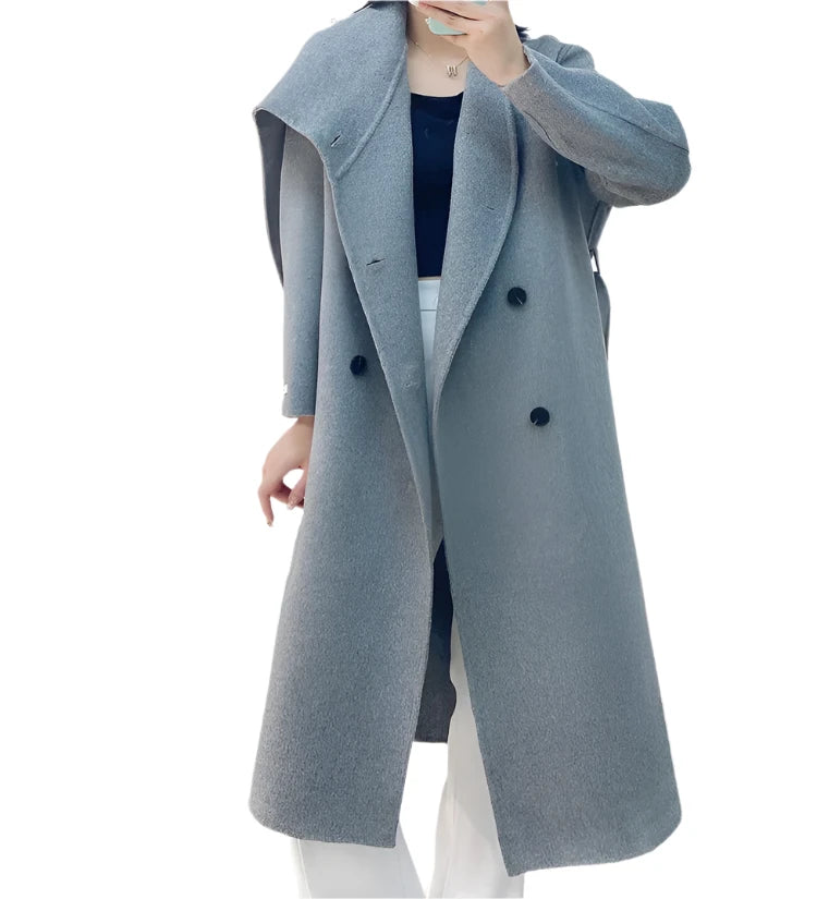 Double-Breasted Wool Coat - Women's Extended Shawl Scarf Collar